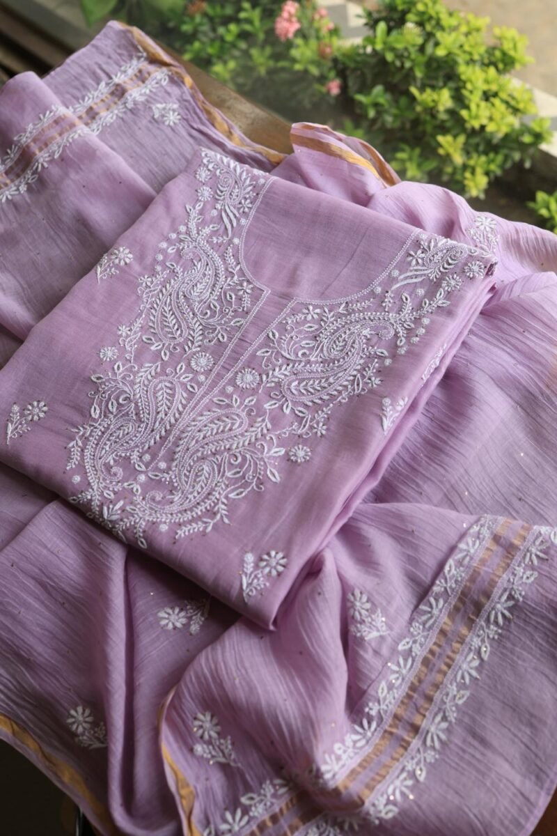 Lavender Mal Cotton Chikankari Unstitched Kurta Dupatta Fabrics With Kamdani