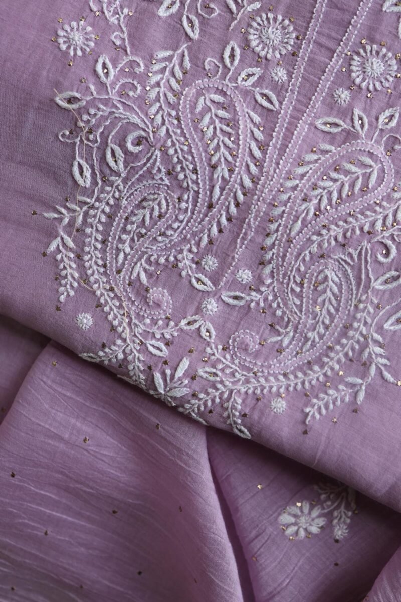 Lavender Mal Cotton Chikankari Unstitched Kurta Dupatta Fabrics With Kamdani