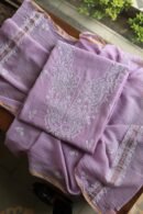 Lavender Mal Cotton Chikankari Unstitched Kurta Dupatta Fabrics With Kamdani