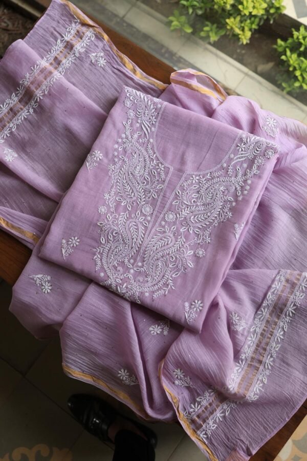 Lavender Mal Cotton Chikankari Unstitched Kurta Dupatta Fabrics With Kamdani