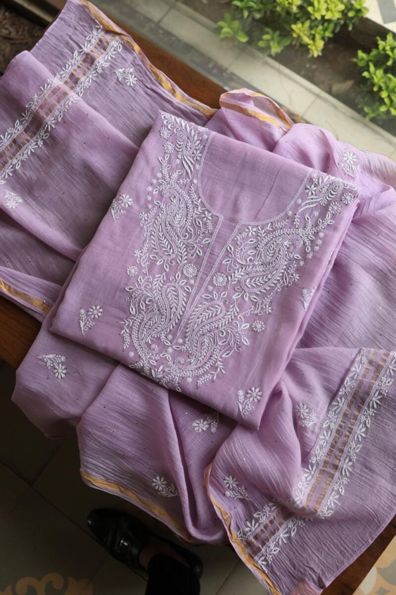 Lavender Mal Cotton Chikankari Unstitched Kurta Dupatta Fabrics With Kamdani