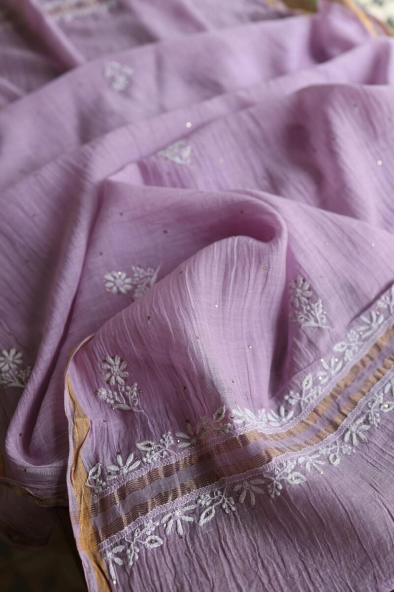 Lavender Mal Cotton Chikankari Unstitched Kurta Dupatta Fabrics With Kamdani