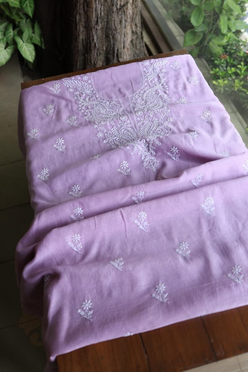 Lavender Mal Cotton Chikankari Unstitched Kurta Dupatta Fabrics With Kamdani
