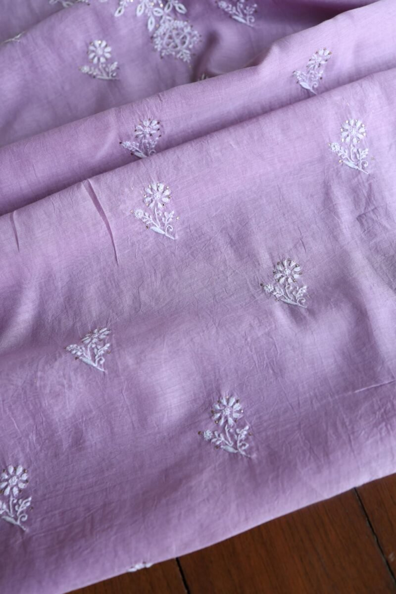 Lavender Mal Cotton Chikankari Unstitched Kurta Dupatta Fabrics With Kamdani