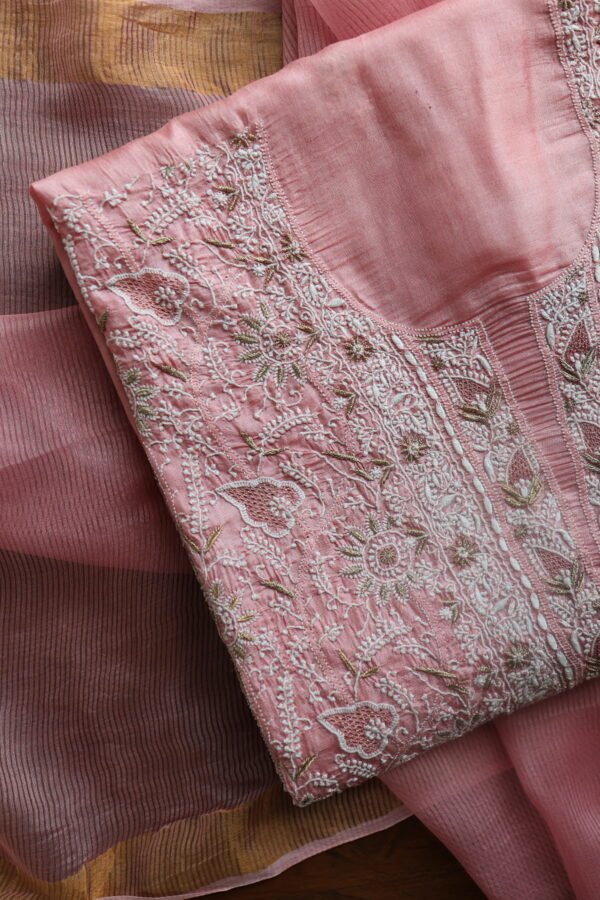 Lotus Pink Paper Tussar Ari Kasab Resham Chikankari Unstitched Kurta Dupatta Fabrics - Image 2
