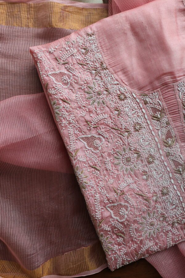 Lotus Pink Paper Tussar Ari Kasab Resham Chikankari Unstitched Kurta Dupatta Fabrics - Image 14