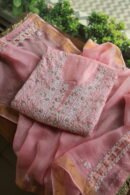 Lotus Pink Paper Tussar Ari Kasab Resham Chikankari Unstitched Kurta Dupatta Fabrics