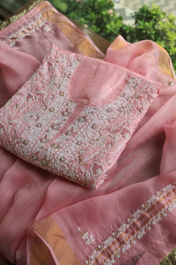 Lotus Pink Paper Tussar Ari Kasab Resham Chikankari Unstitched Kurta Dupatta Fabrics - Image 3