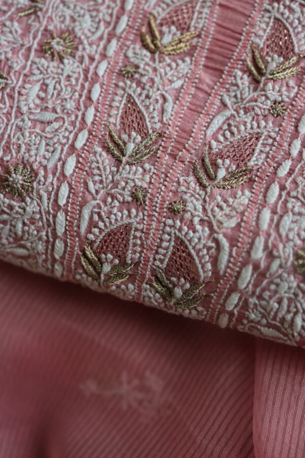 Lotus Pink Paper Tussar Ari Kasab Resham Chikankari Unstitched Kurta Dupatta Fabrics - Image 4