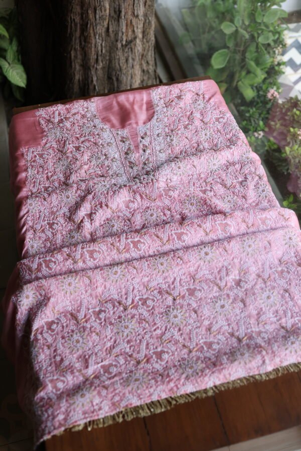 Lotus Pink Paper Tussar Ari Kasab Resham Chikankari Unstitched Kurta Dupatta Fabrics - Image 6