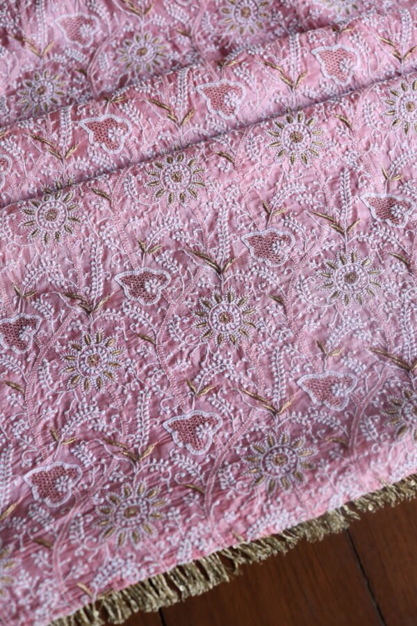 Lotus Pink Paper Tussar Ari Kasab Resham Chikankari Unstitched Kurta Dupatta Fabrics - Image 7