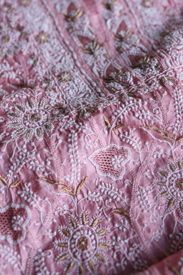 Lotus Pink Paper Tussar Ari Kasab Resham Chikankari Unstitched Kurta Dupatta Fabrics - Image 9