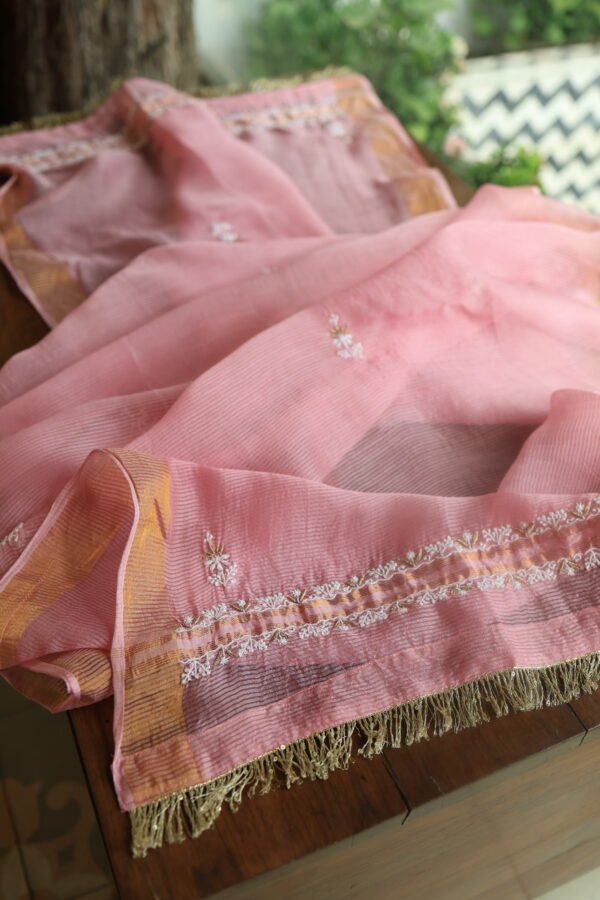 Lotus Pink Paper Tussar Ari Kasab Resham Chikankari Unstitched Kurta Dupatta Fabrics - Image 11