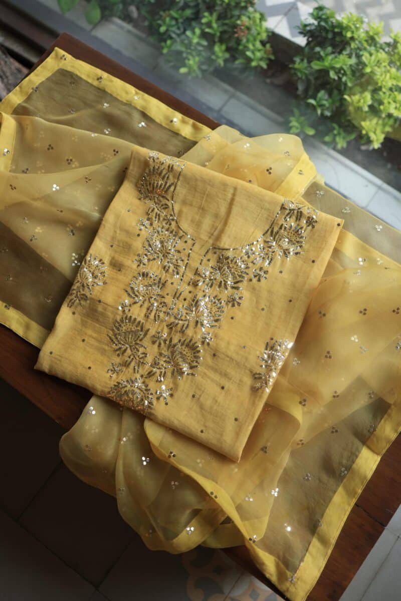 Mango Yellow Tissue Silk Mukaish Unstitched Fabrics