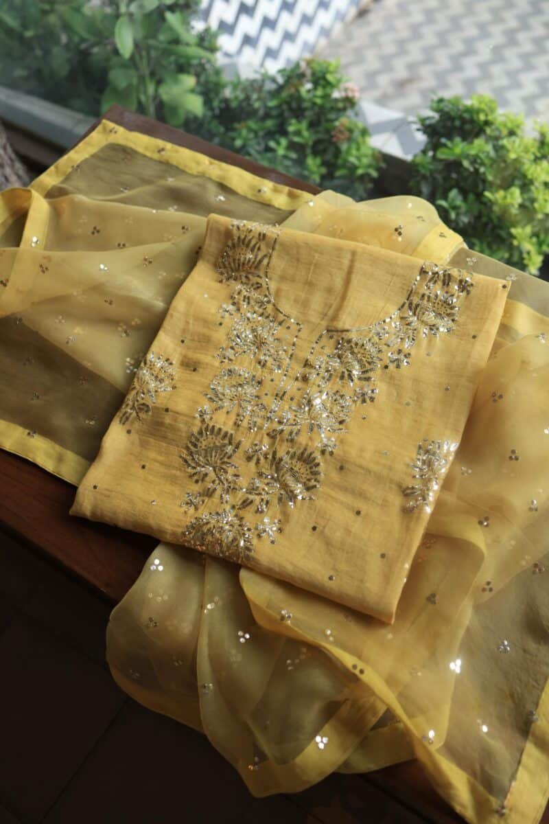Mango Yellow Tissue Silk Mukaish Unstitched Fabrics