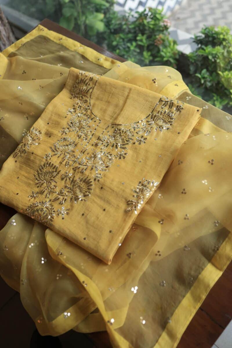 Mango Yellow Tissue Silk Mukaish Unstitched Fabrics