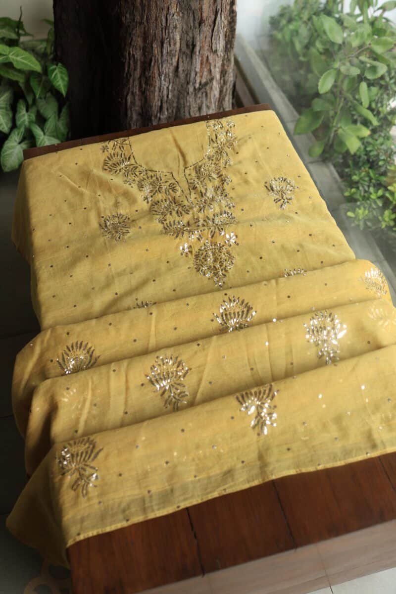 Mango Yellow Tissue Silk Mukaish Unstitched Fabrics