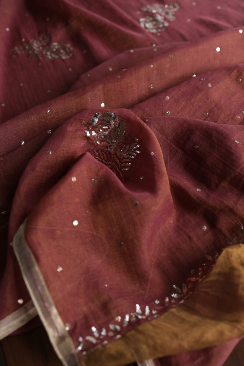 Maroon Tissue Silk Mukaish Unstitched Fabrics