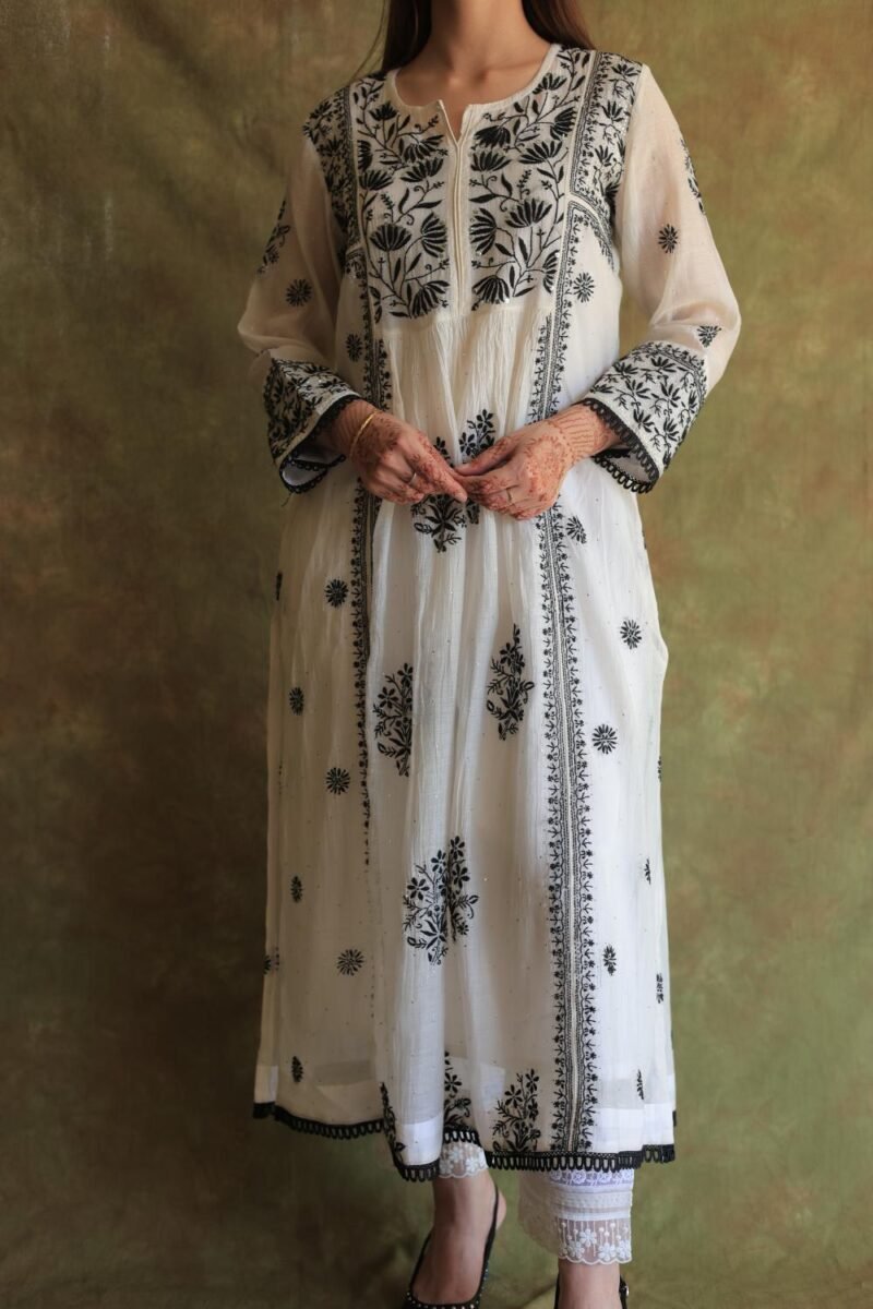 Monochrome Mul Chanderi Mukaish Kamdani Chikankari Stitched Kurta Dupatta Set