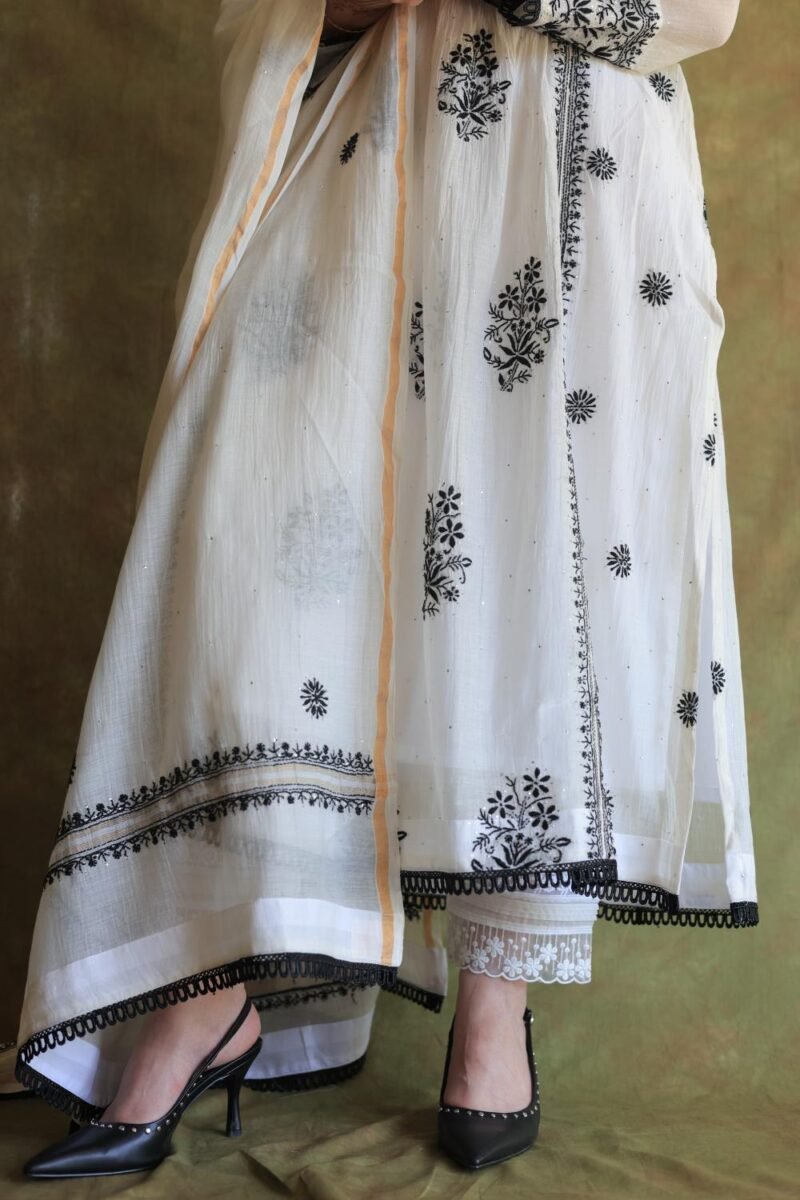 Monochrome Mul Chanderi Mukaish Kamdani Chikankari Stitched Kurta Dupatta Set