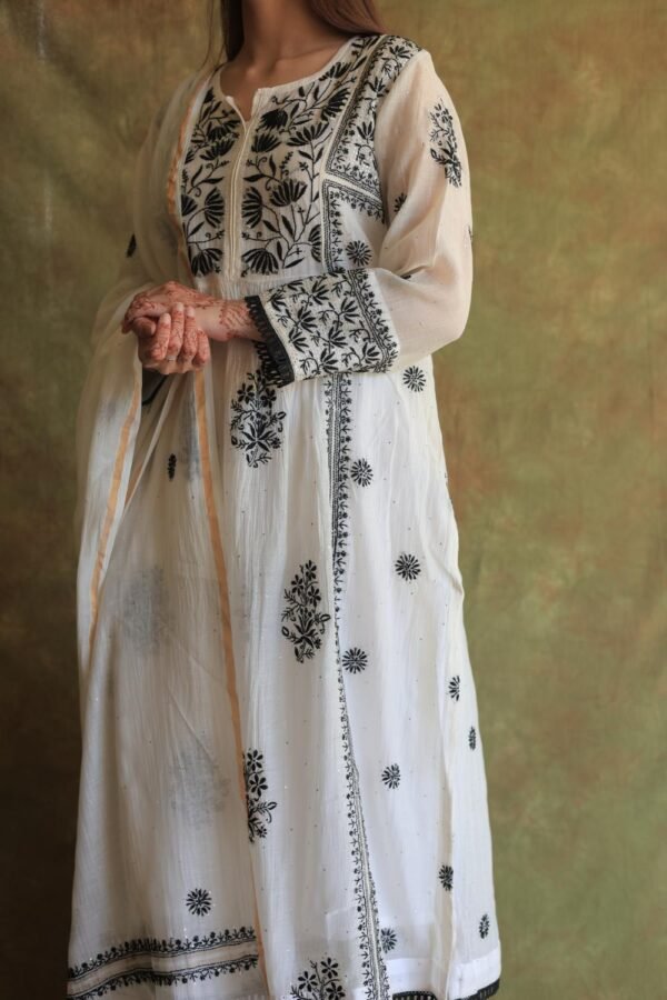 Monochrome Mul Chanderi Mukaish Kamdani Chikankari Stitched Kurta Dupatta Set - Image 12