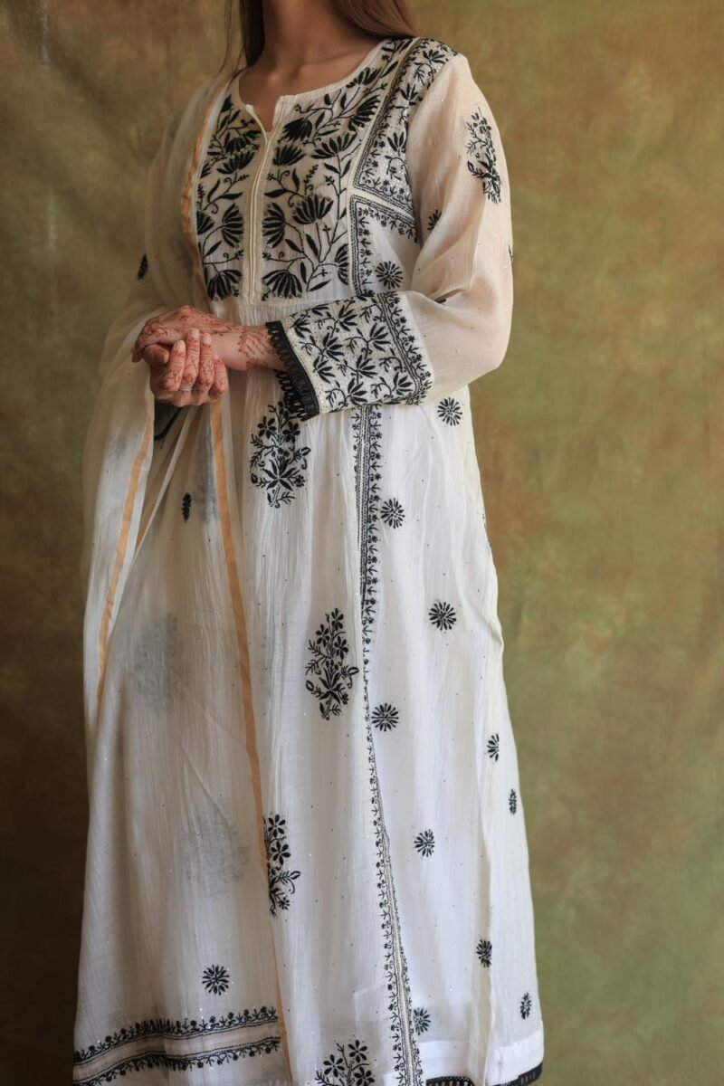 Monochrome Mul Chanderi Mukaish Kamdani Chikankari Stitched Kurta Dupatta Set