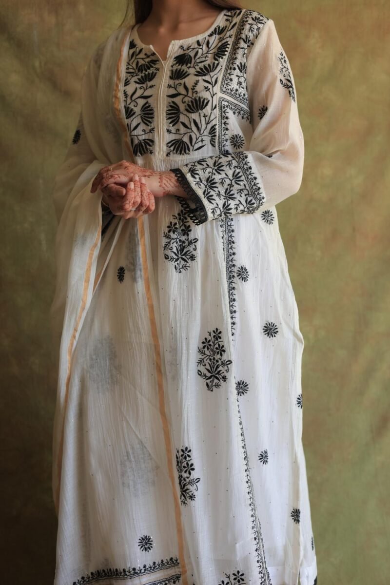 Monochrome Mul Chanderi Mukaish Kamdani Chikankari Stitched Kurta Dupatta Set