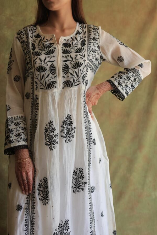 Monochrome Mul Chanderi Mukaish Kamdani Chikankari Stitched Kurta Dupatta Set - Image 3