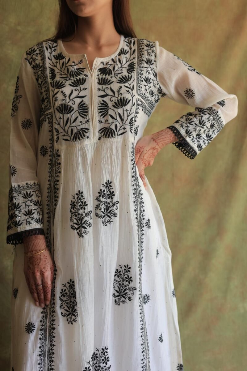Monochrome Mul Chanderi Mukaish Kamdani Chikankari Stitched Kurta Dupatta Set