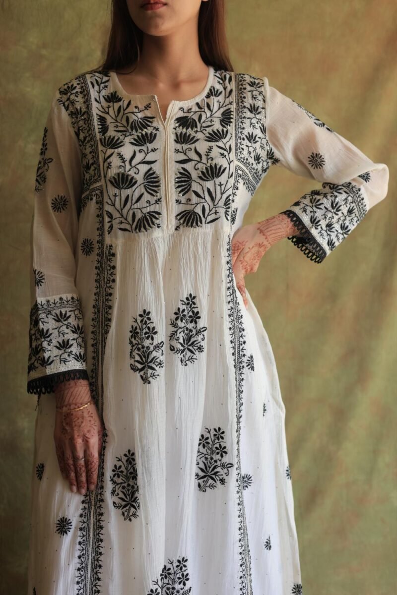 Monochrome Mul Chanderi Mukaish Kamdani Chikankari Stitched Kurta Dupatta Set
