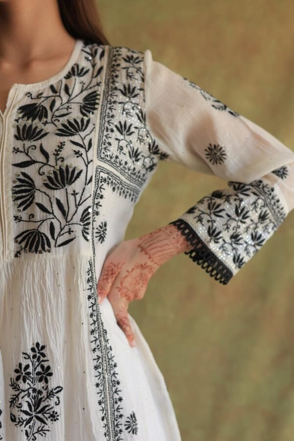Monochrome Mul Chanderi Mukaish Kamdani Chikankari Stitched Kurta Dupatta Set - Image 5