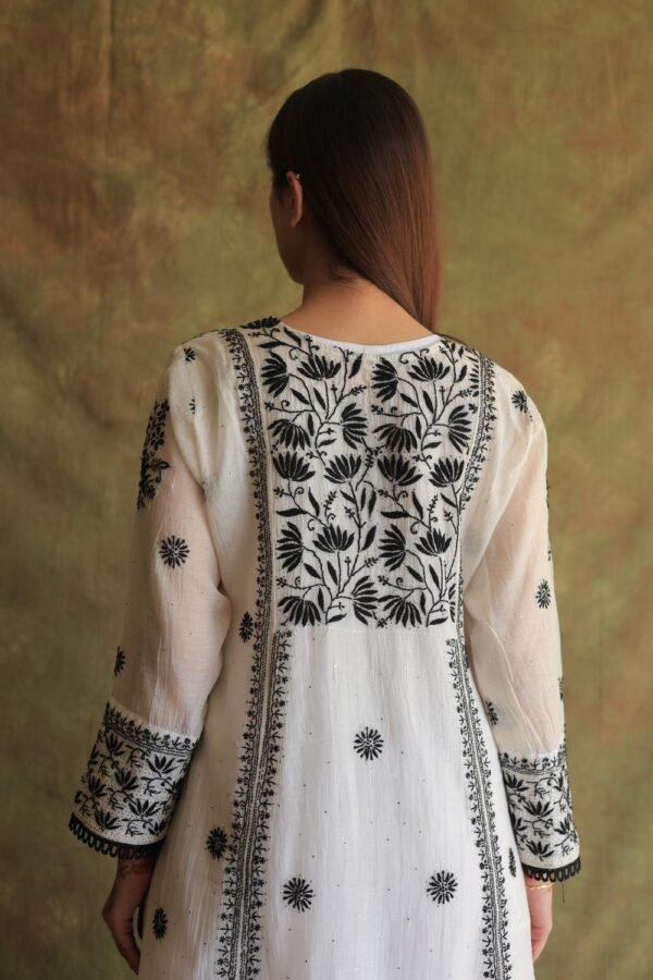 Monochrome Mul Chanderi Mukaish Kamdani Chikankari Stitched Kurta Dupatta Set - Image 6