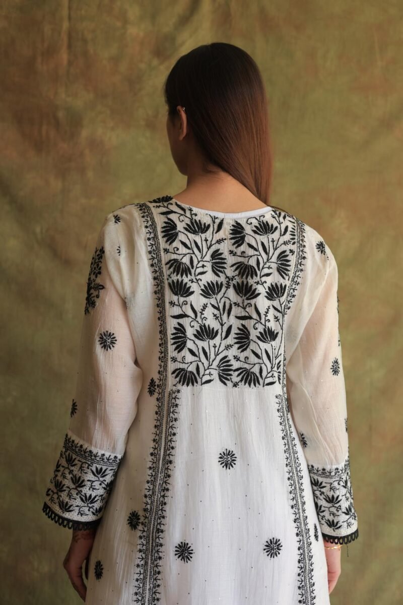 Monochrome Mul Chanderi Mukaish Kamdani Chikankari Stitched Kurta Dupatta Set