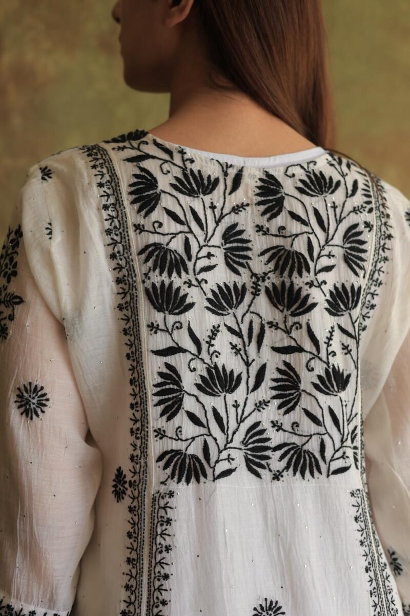 Monochrome Mul Chanderi Mukaish Kamdani Chikankari Stitched Kurta Dupatta Set