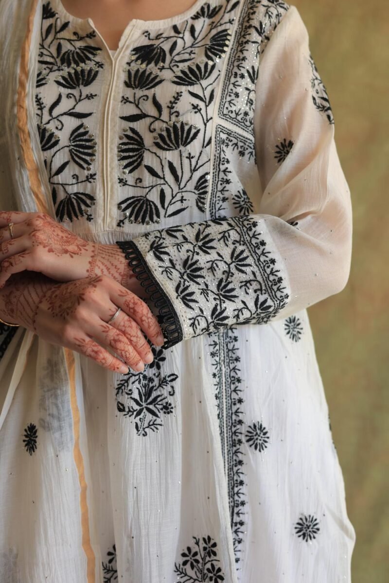 Monochrome Mul Chanderi Mukaish Kamdani Chikankari Stitched Kurta Dupatta Set