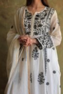 Monochrome Mul Chanderi Mukaish Kamdani Chikankari Stitched Kurta Dupatta Set