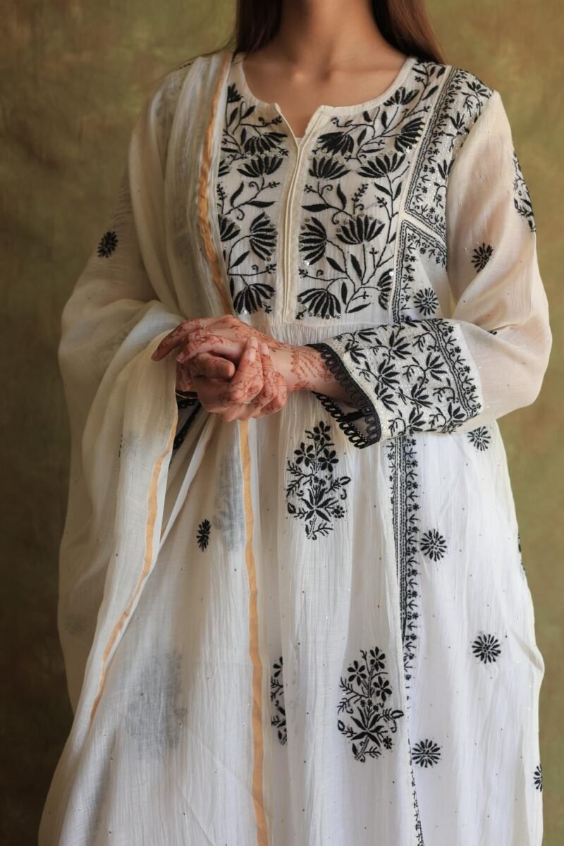 Monochrome Mul Chanderi Mukaish Kamdani Chikankari Stitched Kurta Dupatta Set