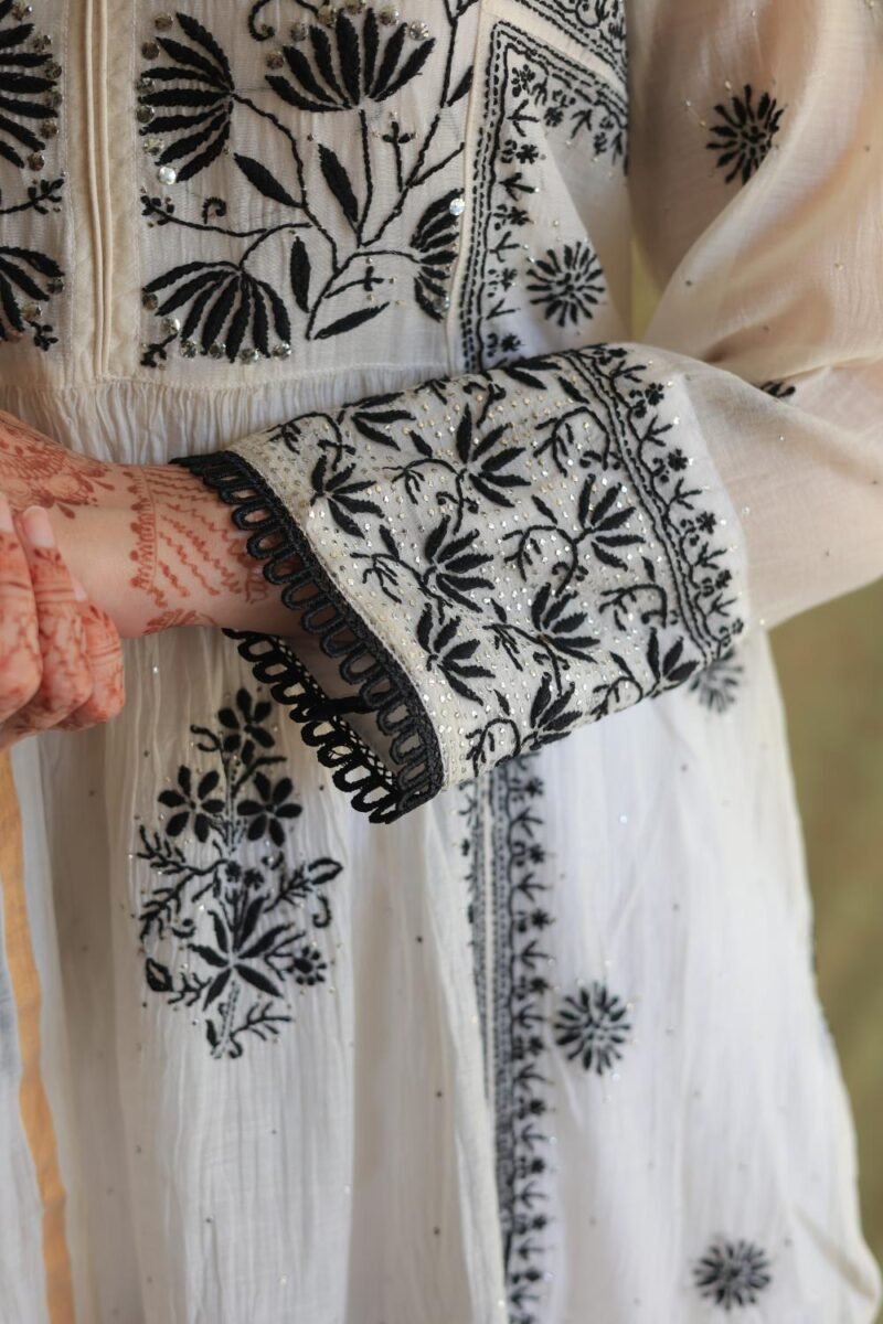 Monochrome Mul Chanderi Mukaish Kamdani Chikankari Stitched Kurta Dupatta Set