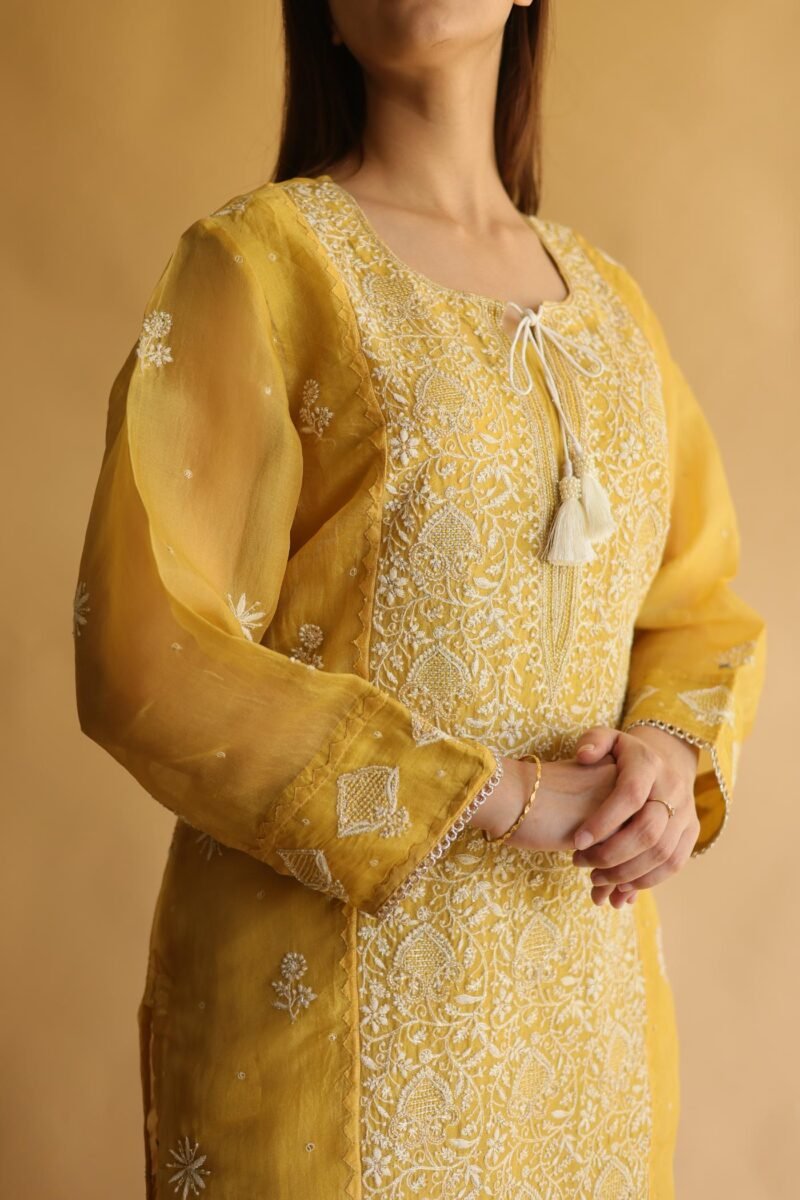 Mustard Yellow Noor Organza Silk Chikankari Straight Cut Kurta Dupatta Set