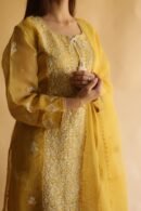 Mustard Yellow Noor Organza Silk Chikankari Straight Cut Kurta Dupatta Set