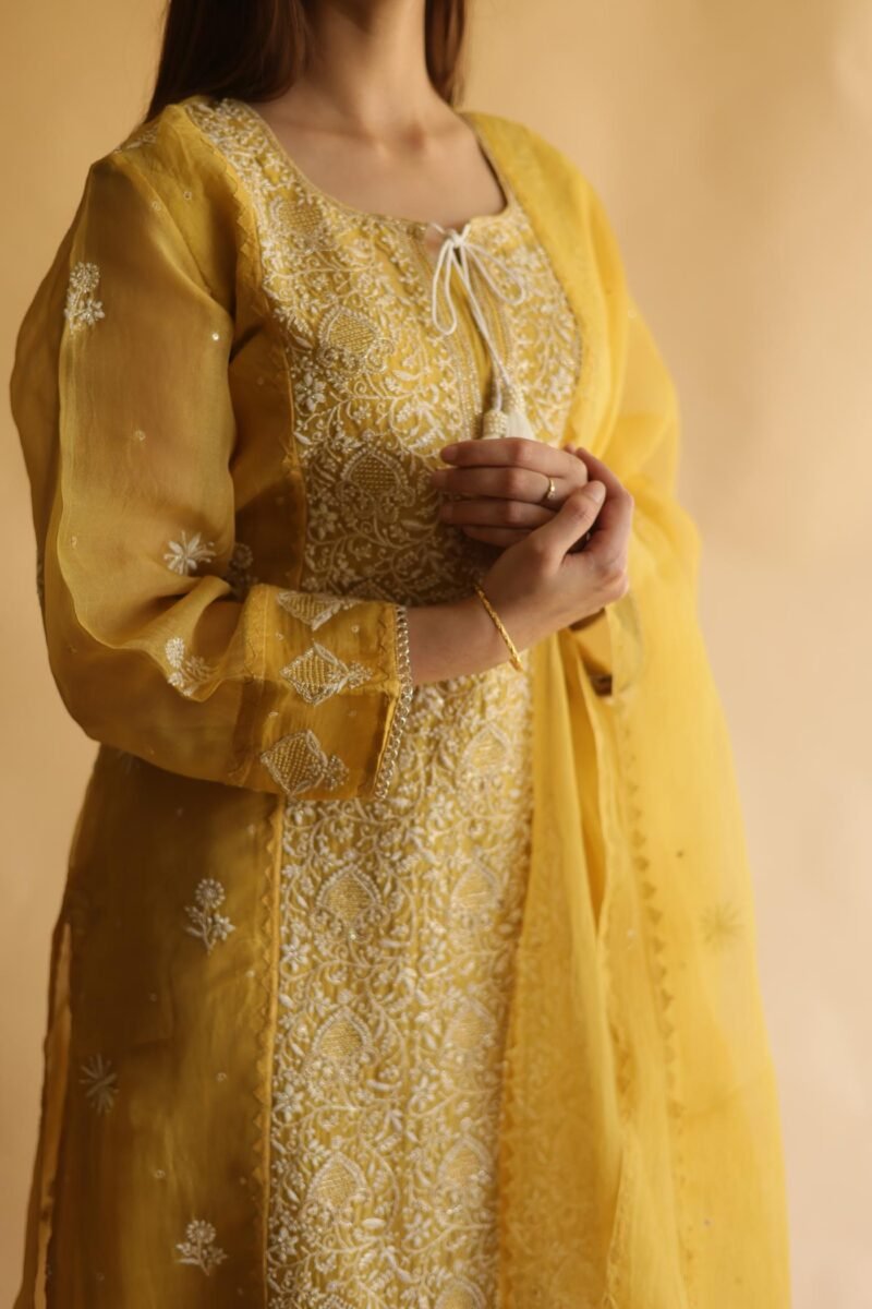 Mustard Yellow Noor Organza Silk Chikankari Straight Cut Kurta Dupatta Set