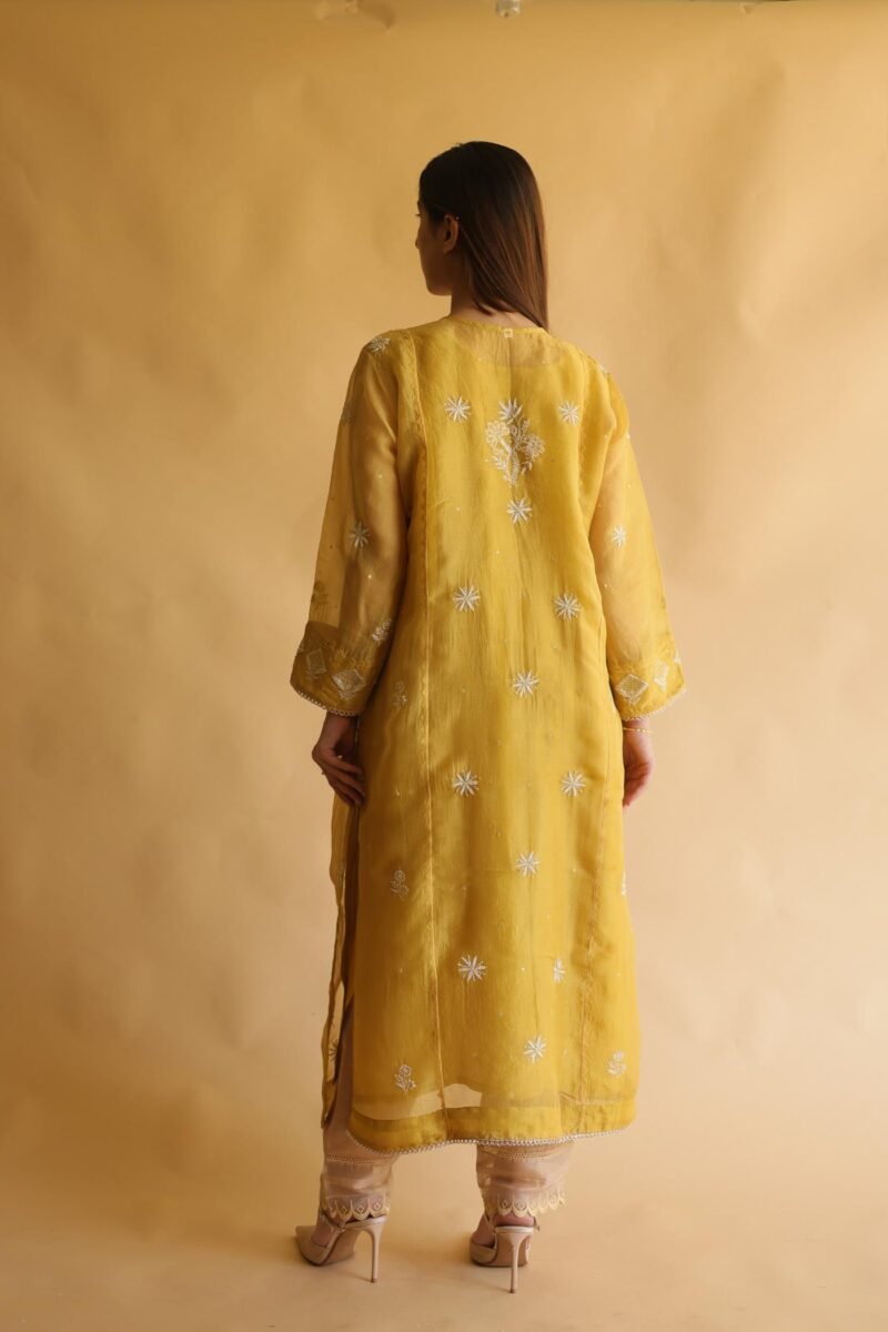 Mustard Yellow Noor Organza Silk Chikankari Straight Cut Kurta Dupatta Set