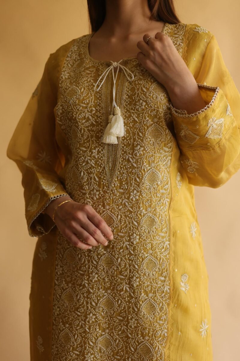 Mustard Yellow Noor Organza Silk Chikankari Straight Cut Kurta Dupatta Set