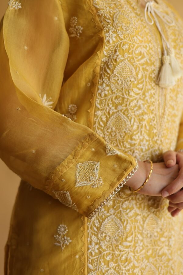 Mustard Yellow Noor Organza Silk Chikankari Straight Cut Kurta Dupatta Set - Image 3