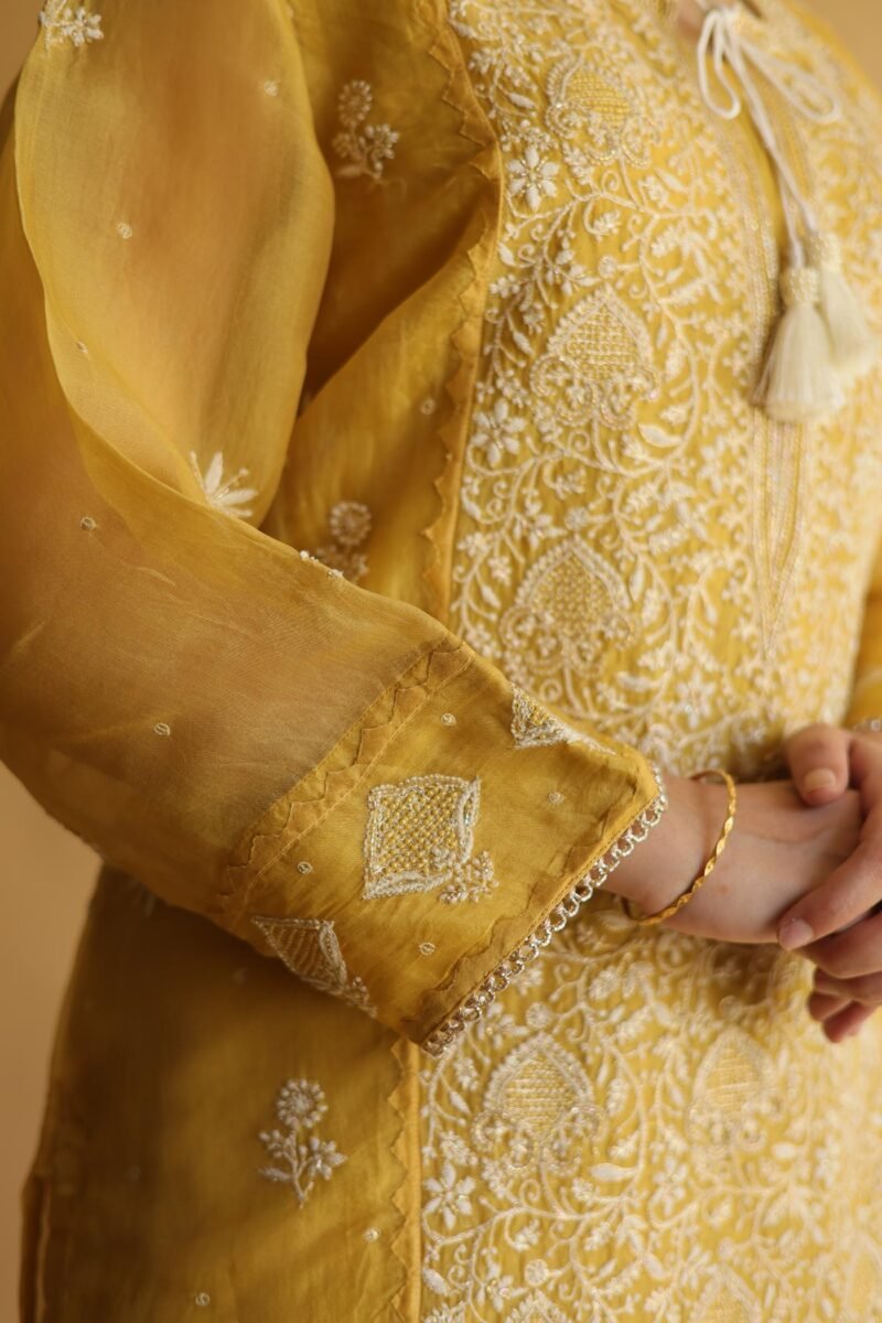 Mustard Yellow Noor Organza Silk Chikankari Straight Cut Kurta Dupatta Set