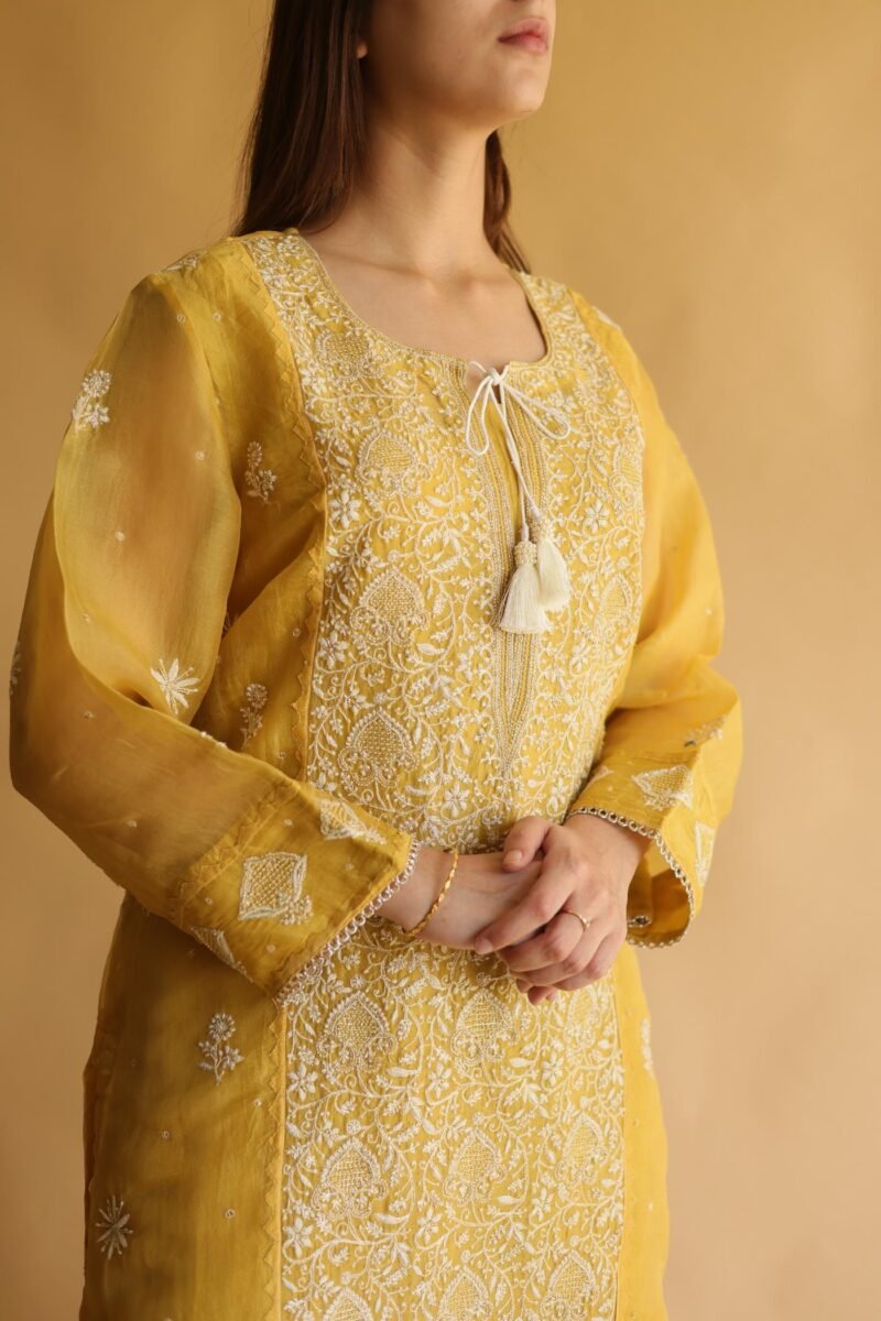 Mustard Yellow Noor Organza Silk Chikankari Straight Cut Kurta Dupatta Set