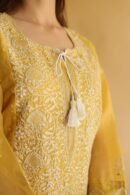 Mustard Yellow Noor Organza Silk Chikankari Straight Cut Kurta Dupatta Set