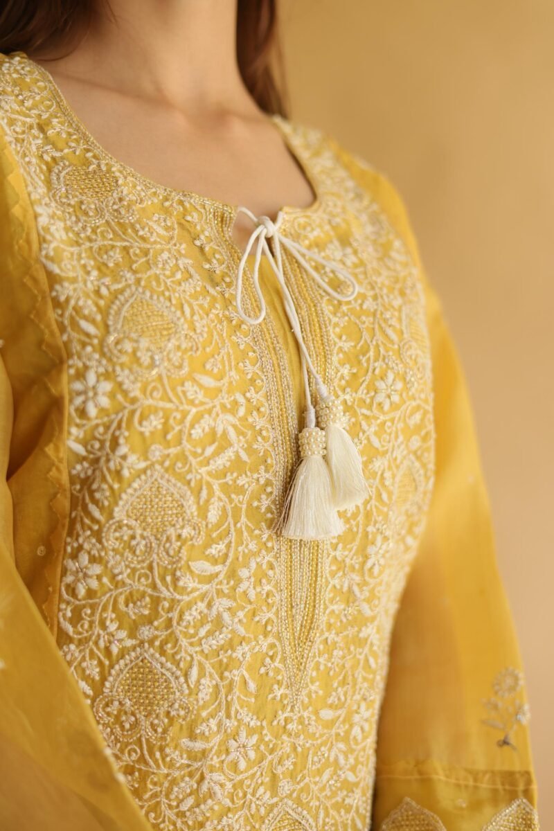 Mustard Yellow Noor Organza Silk Chikankari Straight Cut Kurta Dupatta Set