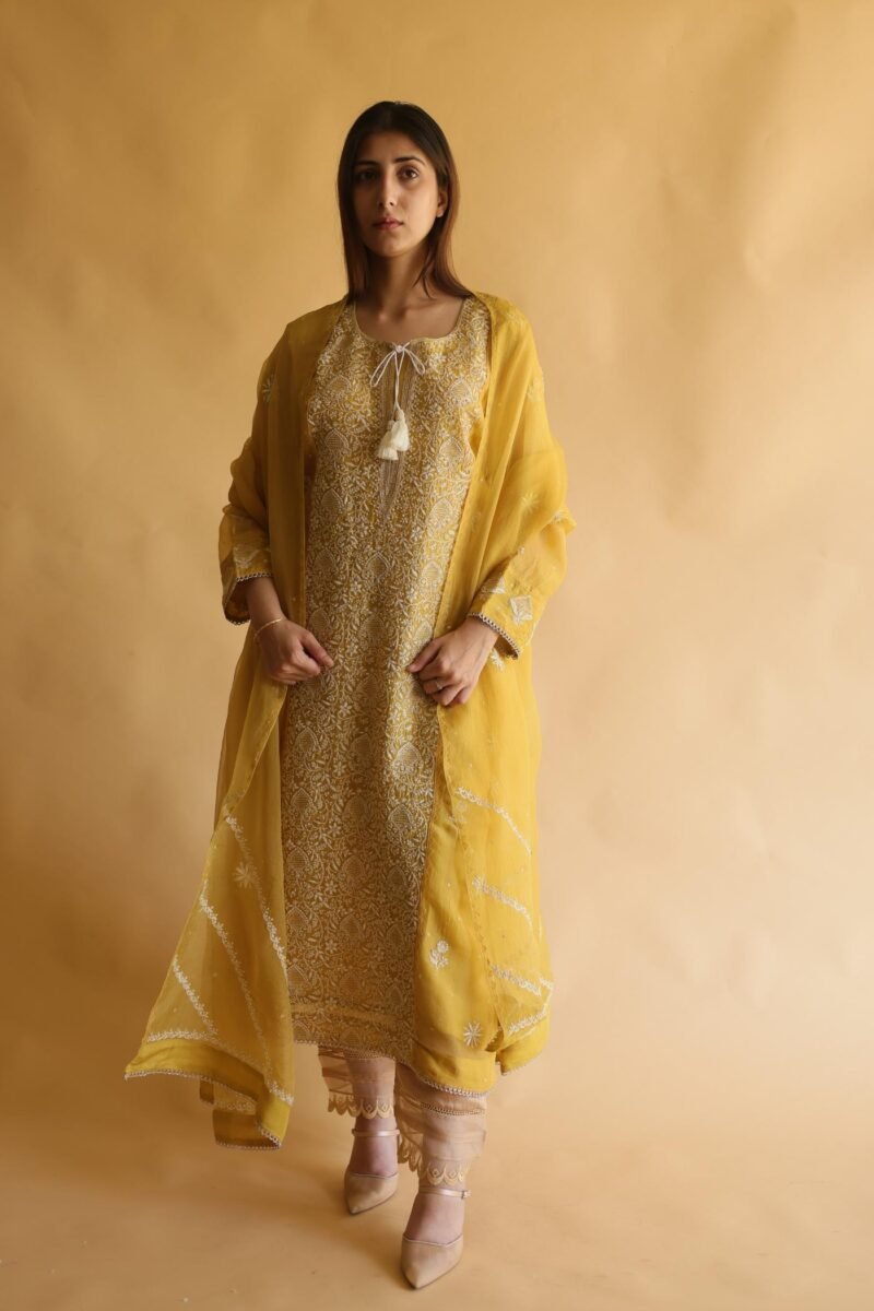 Mustard Yellow Noor Organza Silk Chikankari Straight Cut Kurta Dupatta Set
