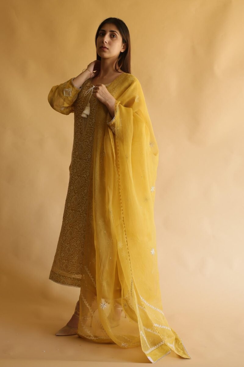 Mustard Yellow Noor Organza Silk Chikankari Straight Cut Kurta Dupatta Set